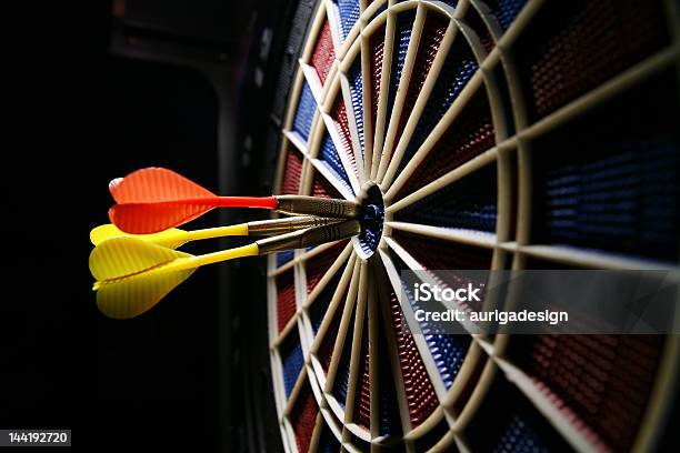 Dart Board With Three Darts Stock Photo - Download Image Now - Arrow Symbol, Sports Target, Three People