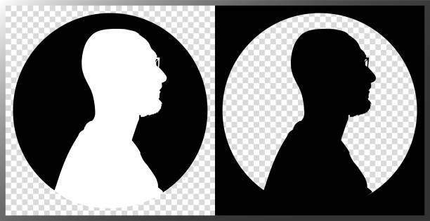portret profilowy, ikona sylwetki głowy mężczyzny. - silhouette black and white glasses digitally generated image stock illustrations