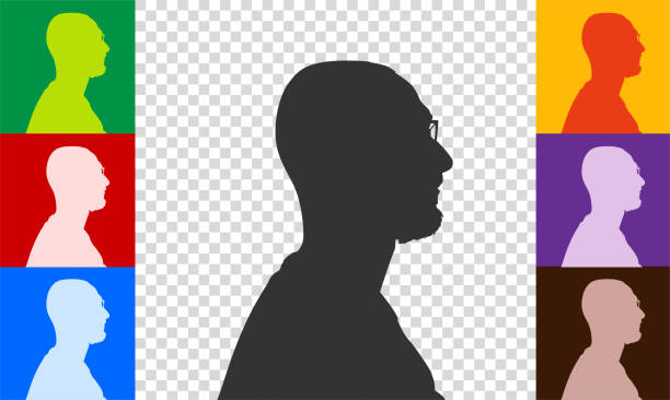 portret profilowy, ikona sylwetki głowy mężczyzny. - silhouette black and white glasses digitally generated image stock illustrations
