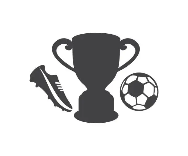 Vector illustration of Trophy, Winner Soccer or Football Cup, soccer boots, ball. Competition, games, tournament, leadership, champion prize, achievement, victory concept vector design and illustration.