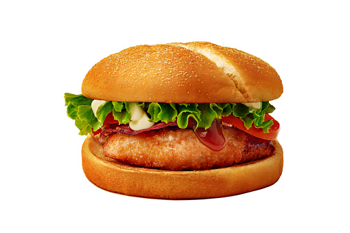 Tasty chicken burger isolated on white background, close up
