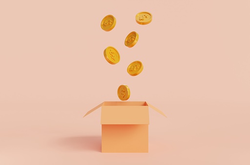 Open isolated box with coins coming out on pink background.Symbol of goals in investing.savings and business.money management.Saving and money growth concept.Dollar.Money box.Open box.3D rendering,illustration