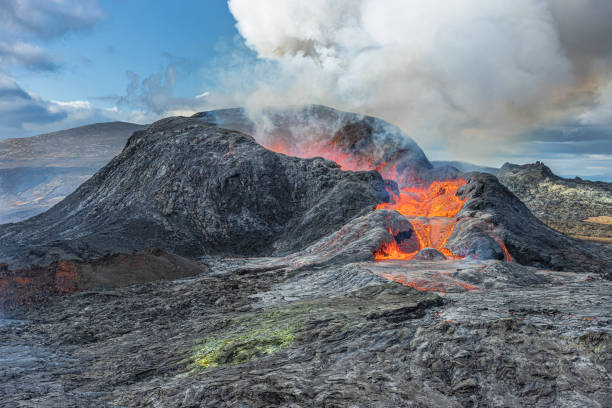 istock Volcanic landscape with volcanic eruption 1441929488