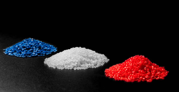 color red blue and white plastic polymer petrochemical product as polymer raw material for plastic in polymer chemical industry business design and test by engineer in polymer science laboratory stock photo