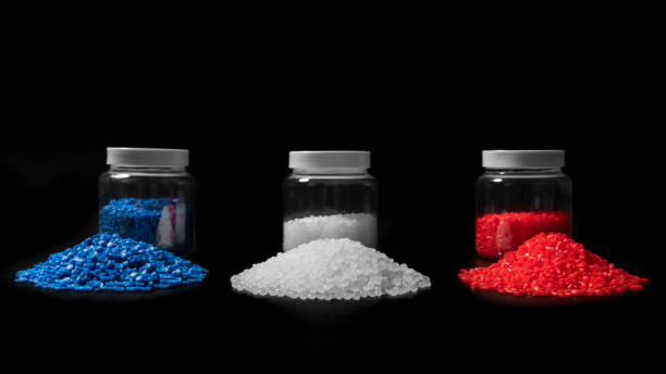 color red blue and white plastic polymer petrochemical product as polymer raw material for plastic in polymer chemical industry business design and test by engineer in polymer science laboratory