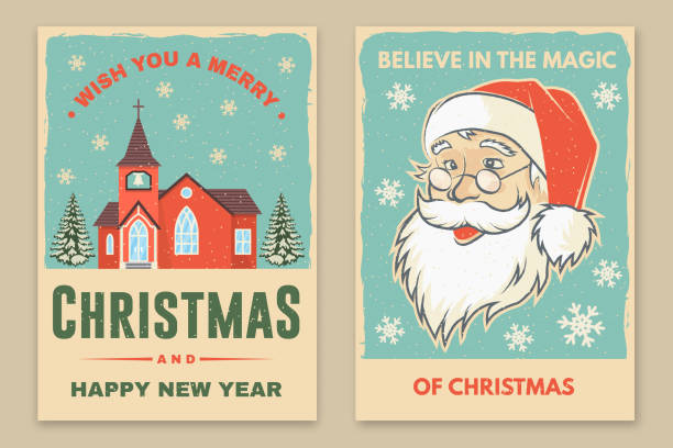 Set of Merry Christmas and Happy New Year poster, flyer, greeting cards. Set quotes with snowflakes, Santa Claus face and Catholic Church . Vector. Design for xmas, new year emblem. Set of Merry Christmas and Happy New Year poster, flyer, greeting cards. Set quotes with snowflakes, Santa Claus face and Catholic Church . Vector. Design for xmas, new year emblem chapel illustrations stock illustrations