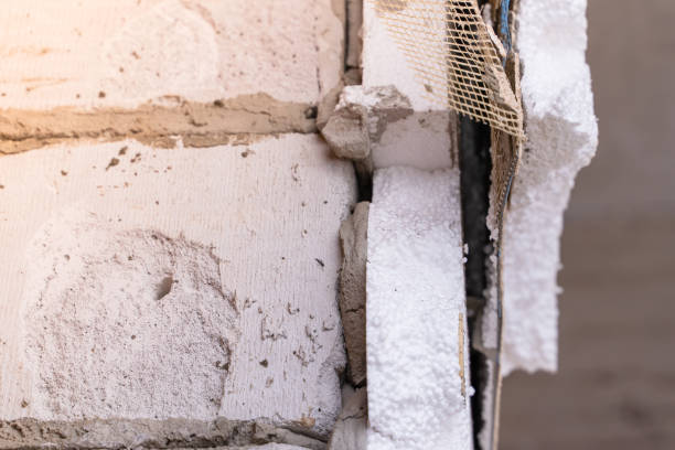 istock Dismantled polystyrene insulation and facade coating of a private house. Remodeling the exterior of the house 1441931296
