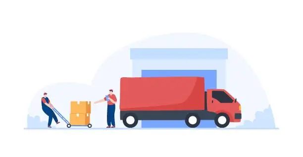 Vector illustration of Delivery truck service. Warehouse workers moving boxes.  Illustration
