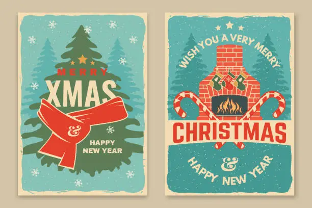 Vector illustration of Set of Merry Christmas and 2023 Happy New Year poster, flyer, greeting cards with fireplace, Christmas socks, christmas candy and christmas tree. Vector. Design for xmas, new year.