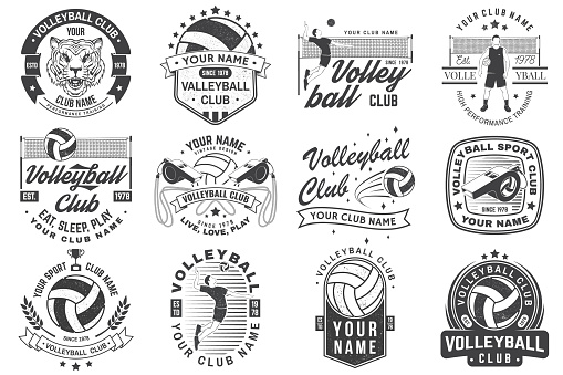 Set of volleyball club badge design. Vector illustration. For college league sport club emblem, sign, emblem. Vintage monochrome label, sticker, patch with volleyball ball, player, net and referee whistle silhouettes