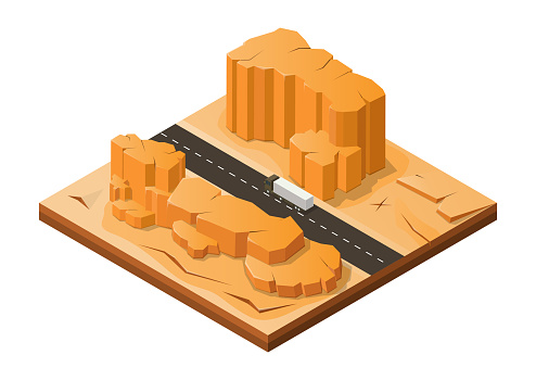 isometric rock mountain in desert with highway and truck