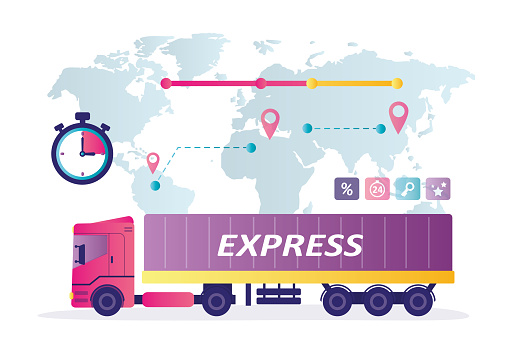 Truck cargo services and freight, semi truck with packages. Global transportation, logistic. Delivery of goods by road. Free and fast shipping worldwide. Long truck with container. vector illustration