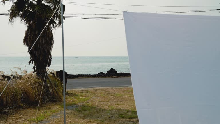 a cloth hanging in the yard with an ocean view flying in the wind