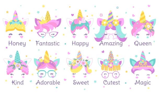 Funny unicorn face prints. Queen and princess unicorns, magic fairytale pony with gold horn graphic design. Cute cartoon nowaday baby stickers Funny unicorn face prints. Queen and princess unicorns, magic fairytale pony with gold horn graphic design. Cute cartoon nowaday baby stickers of queen princess funny pony girl illustration unicorn face stock illustrations