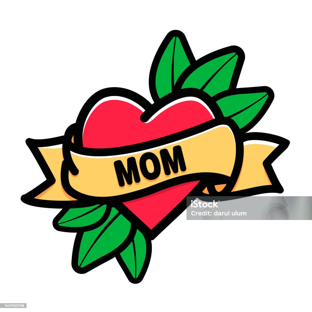 Mom Ribbon Vector Tattoo Heart With Ribbon And Leaves And The Word Mom Design Old School ...