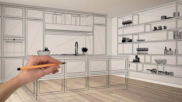 istock Empty white interior with parquet floor, hand drawing custom architecture design, black ink sketch, blueprint showing modern kitchen 1441934739