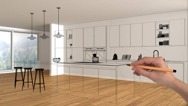 istock Empty white interior with parquet floor and big panoramic window, hand drawing custom architecture design, black ink sketch, blueprint showing modern kitchen 1441934741