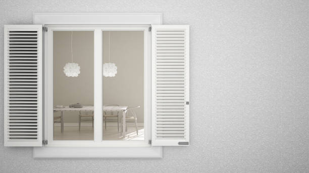 istock Exterior plaster wall with white window with shutters, showing interior modern kitchen, blank background with copy space, architecture design concept idea, mockup template 1441934748
