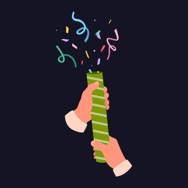 клэпперборд с конфетти. взрывающийся поппер вечеринки в руках человека. плоская векторная иллюстрация. - streamer congratulating party popper birthday stock illustrations