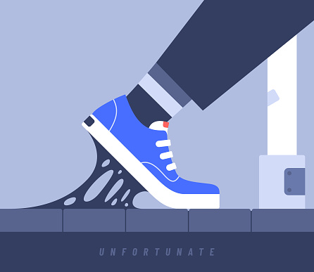 Misfortune concept vector illustration. Stepping on gum with shoe close-up.