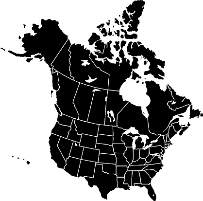 Black colored North America outline map. Political north american map. Vector illustration map.