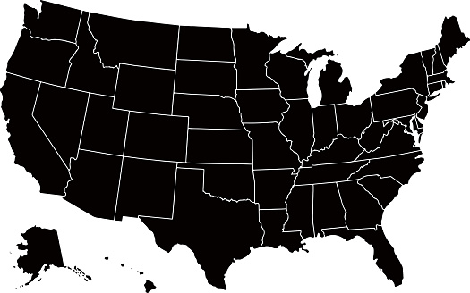 Black colored United States of America map. Political USA map. Vector illustration map.