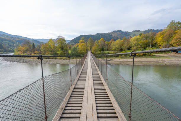 istock rope bridge over the river in autumn 1441937738
