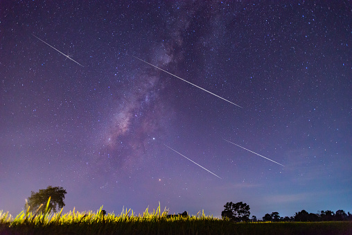 Panorama blue night sky milky way and star on dark background.Universe filled, nebula and galaxy with noise and grain.Photo by long exposure and select white balance.Dark night sky.comet.