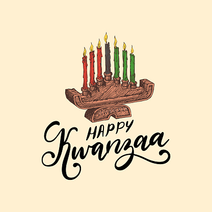 Happy Kwanzaa hand lettering, candles holder Kinara, drawn illustration, holiday vector background