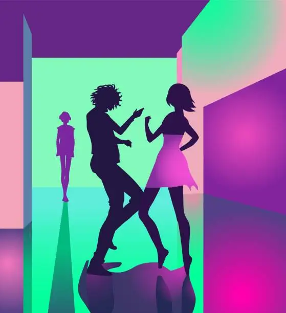 Vector illustration of Man and woman dancing at disco club, neon lighting, retro style 1980 palette, minimalist silhouettes fashion illustration, concepts of dating, nightlife, relationships, love for music