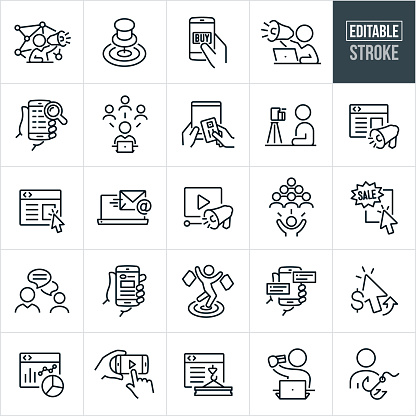 A set of digital marketing icons that include editable strokes or outlines using the EPS vector file. The icons include a marketer shouting through social media with a bullhorn, push pin in bulls-eye of target, buy button being pressed on smartphone, marketer shouting through bullhorn while on computer, digital marketer using social media to market, internet search using smartphone, customer holding a tablet pc with credit card in hand to make purchase, social media influencer making a video, website optimized with advertising, SEO on website, email campaign, sale advertisement online, online video used as a form of digital marketing, person reaching the masses using social media as a marketing tool, cursor clicking on ad on website, online blogging, optimized website on smartphone, customer in bulls-eye of target as target market, push notification marketing on smartphone, pay-per-click marketing, digital marketing analytics, person clicking on video on smartphone, website content and creation, customer holding up credit card while working on laptop to make a purchase, and a customer with a hook to represent successful marketing in hooking new customers.