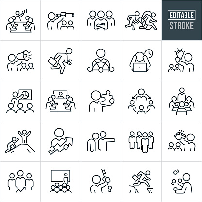 A set of business leadership icons that include editable strokes or outlines using the EPS vector file. The icons include a business leader giving a presentation to group of employees in a boardroom, business leader looking through a telescope to chart the way forward, business leader with arms folded and employees behind, business leader jumping through hoop while holding briefcase, manager shouting through bullhorn to workers, project manager with whistle whistling orders to workers, business leader running late with briefcase in hand, business leader at helm of a ship, business leader stressed out with head in hands working late, CEO holding up lightbulb with co-workers in background, business leader giving sales presentation to group of employees, business manager giving video conference to a conference room full of employees, business leader holding up a jigsaw puzzle piece as a solution to a problem, manager in meeting with co-workers seated at conference table, business leader at top of summit with arms raised in victory, business owner holding upwards arrow, manager firing an employee by pointing to the exit, business leader stepping forward from a group of co-workers, president of company giving keynote speech, business leader with key to lock, business leader jumping cliff gap and a busy manager juggling to represent the busy job of multi-tasking.