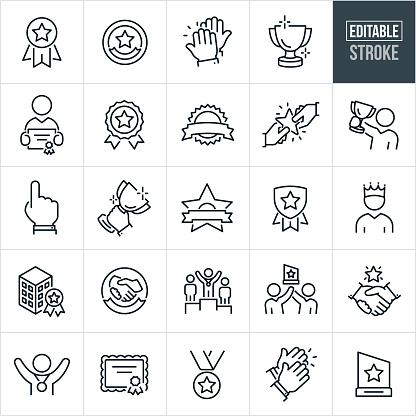 A set of awards icons that include editable strokes or outlines using the EPS vector file. The icons include a medal with ribbon award, seal award, high five, trophy, business person holding an award, seal with ribbon award, seal with banner, award being given to another person, business person holding up a trophy, business hand holding up a 