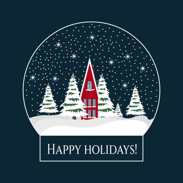 ein schneeball mit einem geschmückten haus und bäumen auf dunklem hintergrund. weihnachtskarte. frohe feiertage text. vektordarstellung. - frohes fest satz stock-grafiken, -clipart, -cartoons und -symbole