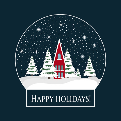 A snowball with a decorated house and trees on a dark background. Christmas card. Happy holidays text. Vector illustration.