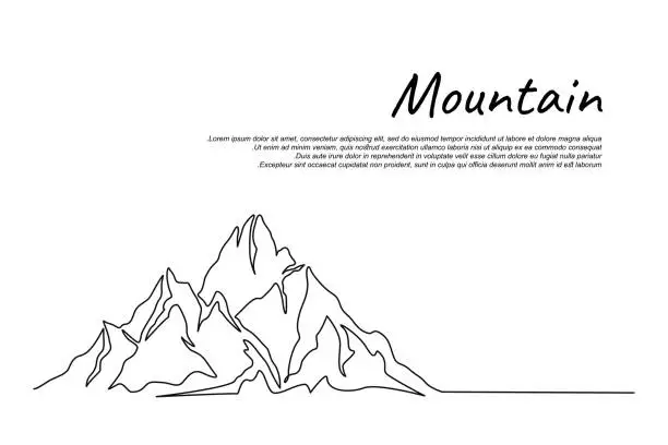Vector illustration of Continuous one line drawing of mountain landscape. High mounts peak lineart drawing vector design. Adventure, winter sports, hiking and tourism concept.