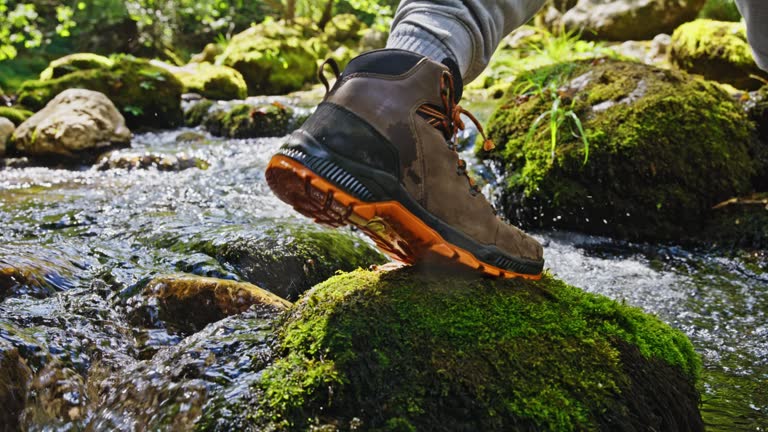 SLO MO Hiker's boots crosses a spring in the forest