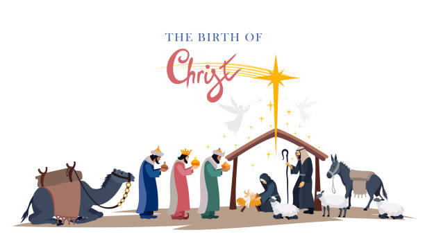 illustrazioni stock, clip art, cartoni animati e icone di tendenza di presepe. notte di natale. nascita di gesù. tre saggi. - nativity scene jesus christ three wise men christmas