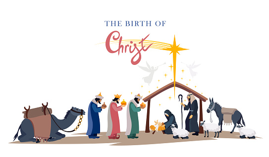 Nativity scene. Christmas night. Birth of Jesus. Three wise men.
