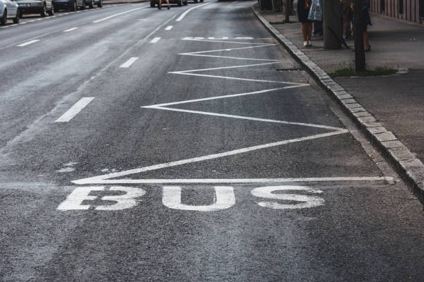 istock Bus road mark on black asphalt 1441946016