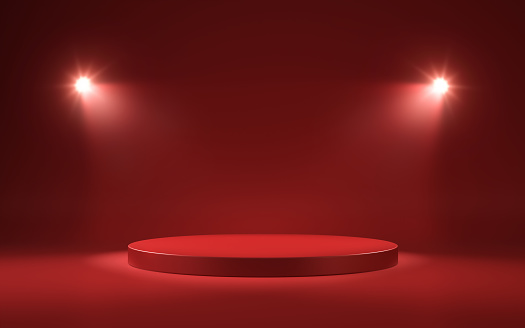 3d render Red Metallic Podium, Spotlight, Round podium on turquoise endless background, product promotion, empty product promotion scene (Close-up)