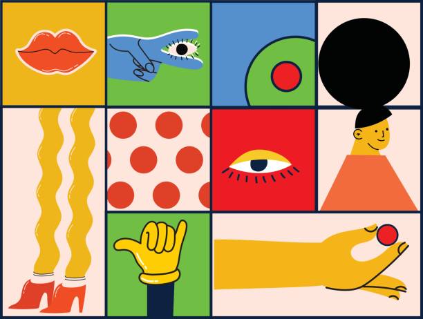 istock Hand drawn Abstract Collage with shapes, funny cute Comic characters. Big Set of Different colored Vector illustartions. Square Posters, logo Templates in flat design 1441950355