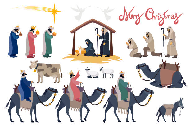 illustrazioni stock, clip art, cartoni animati e icone di tendenza di presepe set. - religious illustration