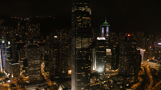 Top view of the skyscrapers in the big city at night. Stock. Great view of the city at night.