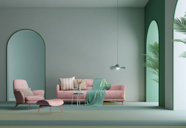 istock Fancy room interior with green wall arch and pink sofa armchair.3d rendering 1441951327