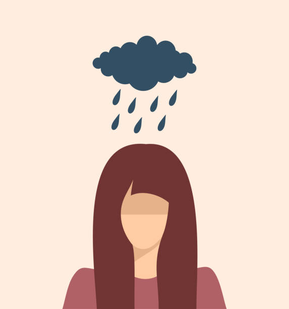 istock Young woman in a bad mood under the rain. Depression concept. Flat vector illustration 1441959935
