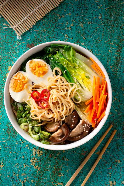 istock Ramen noodle soup with eggs, mushrooms, pak choi in white bowl 1441963921