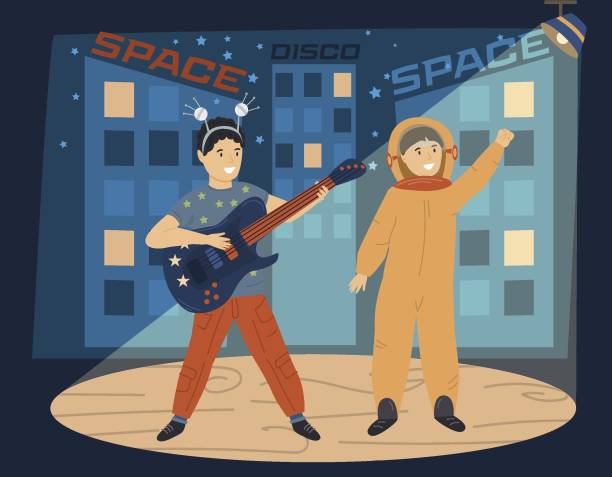 Children space disco. Themed night for kids. Children space disco. Playing astronauts. Tacky party. Themed night for kids. Little cute cosmonauts. Editable vector illustration in cartoon style. Landscape cosmic background. Horizontal poster. disco themed party stock illustrations