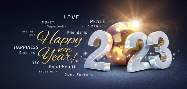 New Year 2023 Greeting card wishing the best Happy New Year greetings, best wishes and 2023 date number, composed with a gold colored planet earth, on a festive black background, with glitters and stars - 3D illustration квед 2022 stock pictures, royalty-free photos & images