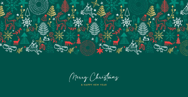メリークリスマスと新年の手描きの落書き緑のバナーイラスト - pine tree christmas tree green点のイラスト素材／クリップアート素材／マンガ素材／アイコン素材